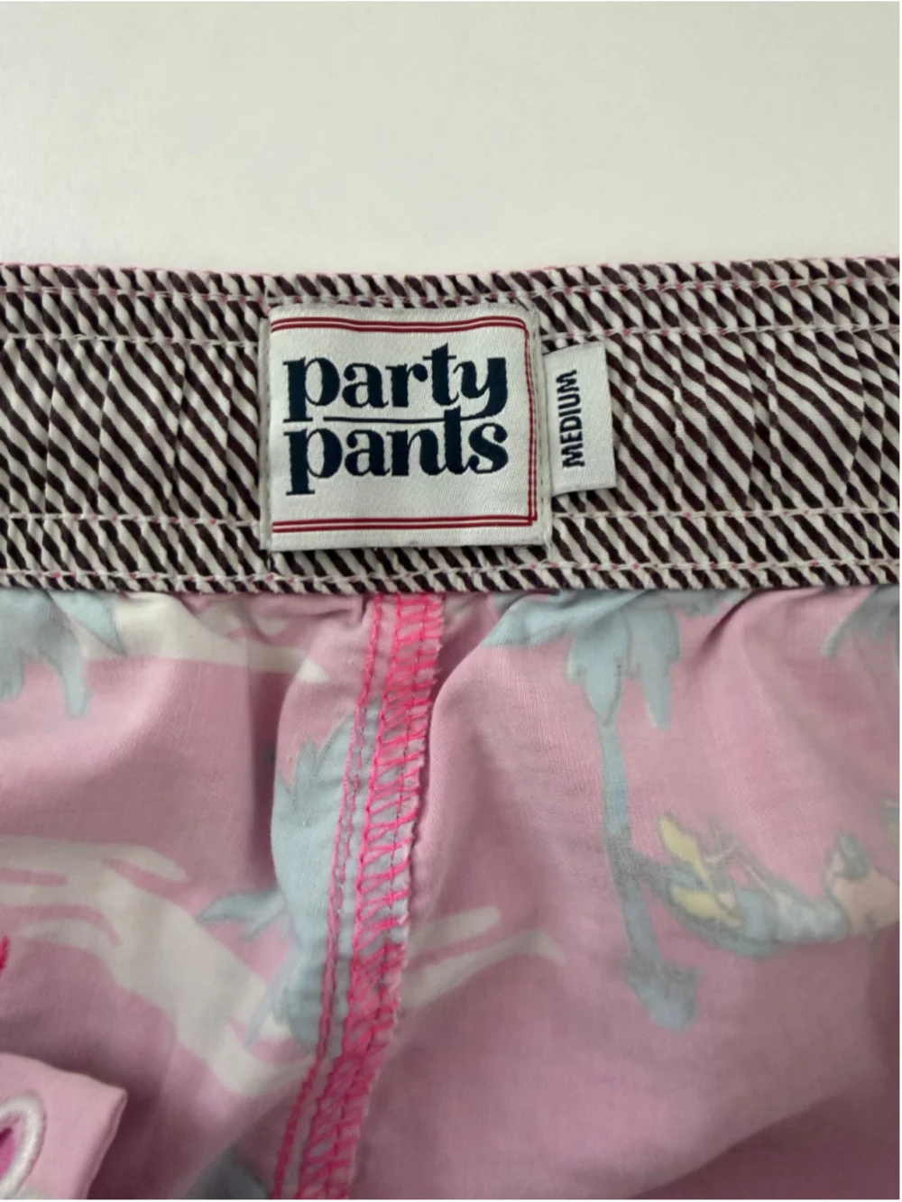 Party Pants Pink Tropical Alligator & Flamingo Swim Trunks – Men’s Medium